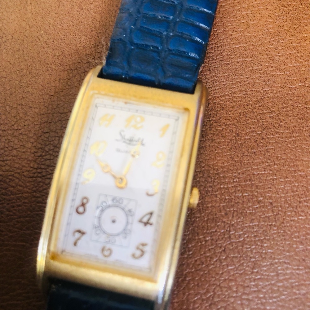 Gold Rectangular Watch With Blue Strap - image 3